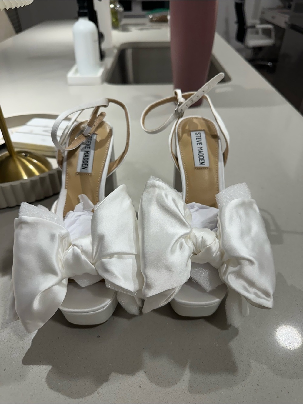 Steve Madden White Satin Bow Platform Heels